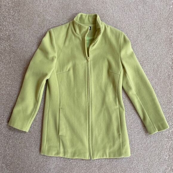 Merino Wool Bright Green Coat SB ZIp Front Stand Collar Sz 0 Petite - Picture 1 of 4